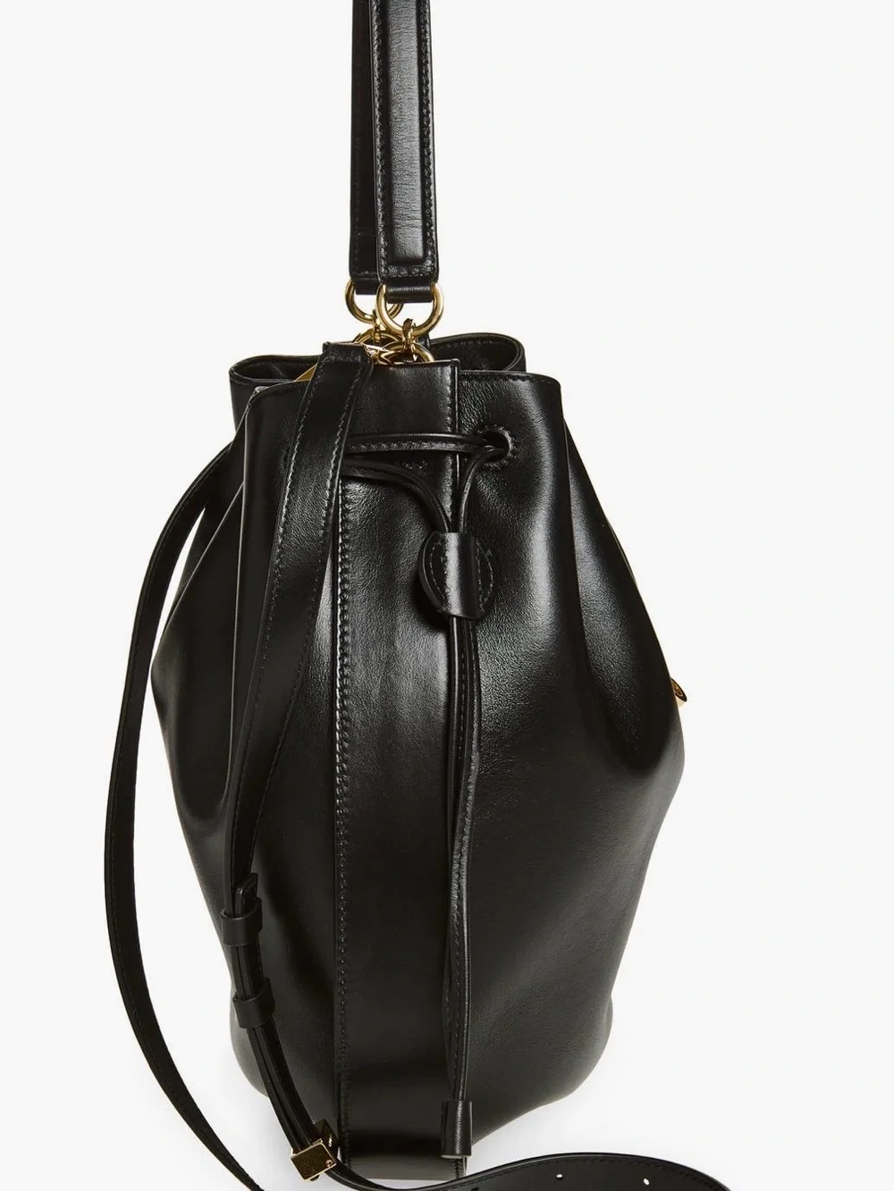 Black Leather Hug Bucket Tote Bag with Gold Hardware